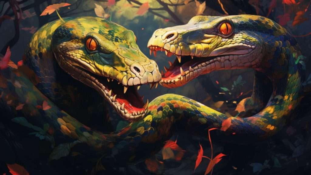 The digital illustration captures the enigmatic dream scenario of snakes devouring each other, inviting viewers to delve into its profound implications.
