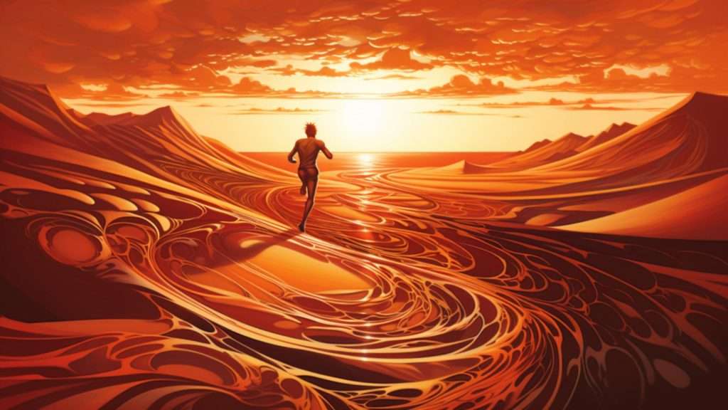A person in a dream running through a vast desert landscape, golden sand dunes stretching to the horizon, intense sunlight casting long shadows, a feeling of determination and primal energy emanating from their every movement.