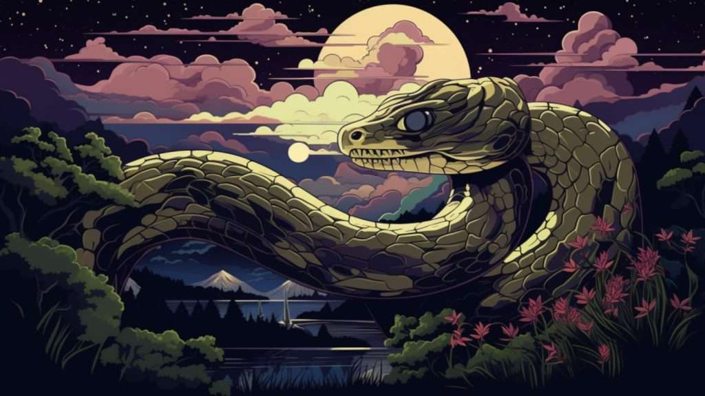 The digital illustration provides a captivating visual representation of a snake consuming another snake, inviting viewers to explore the profound symbolism embedded in this dream scenario.