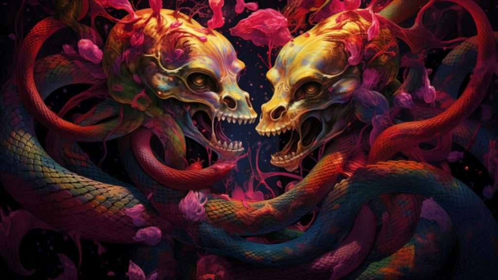 The digital illustration captures the enigmatic imagery of snakes devouring each other, inviting viewers to delve into the intricate symbolism embedded in this dream scenario.