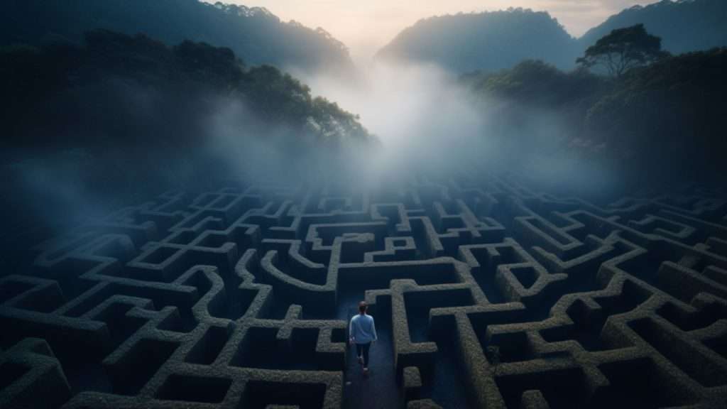 An image showcasing the journey of managing and overcoming scary lucid dreams, represented by a dreamer navigating a mysterious maze.