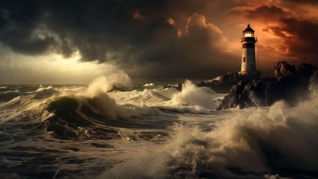 A lighthouse amidst a stormy sea represents the potential risks and challenges of lucid dreaming.