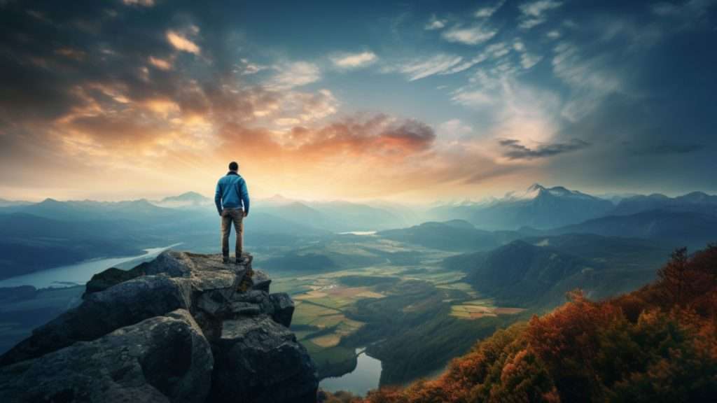 An image emphasizing the importance of a positive mindset in lucid dreaming, represented by a confident dreamer overlooking the vast dream landscape.