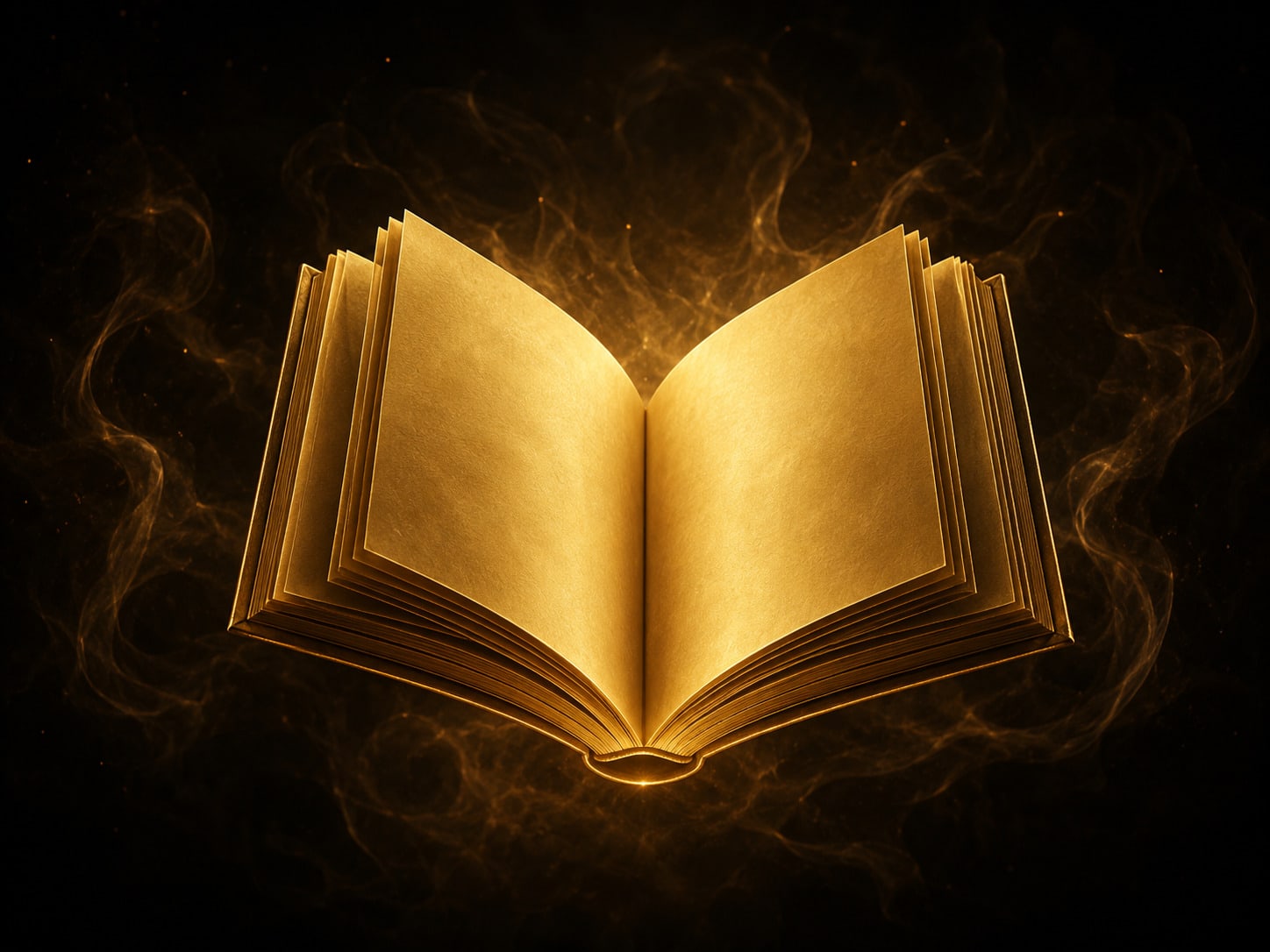A single gold book standing open in darkness, its fanned leaves entirely blank, with fine particulate lifting from them.