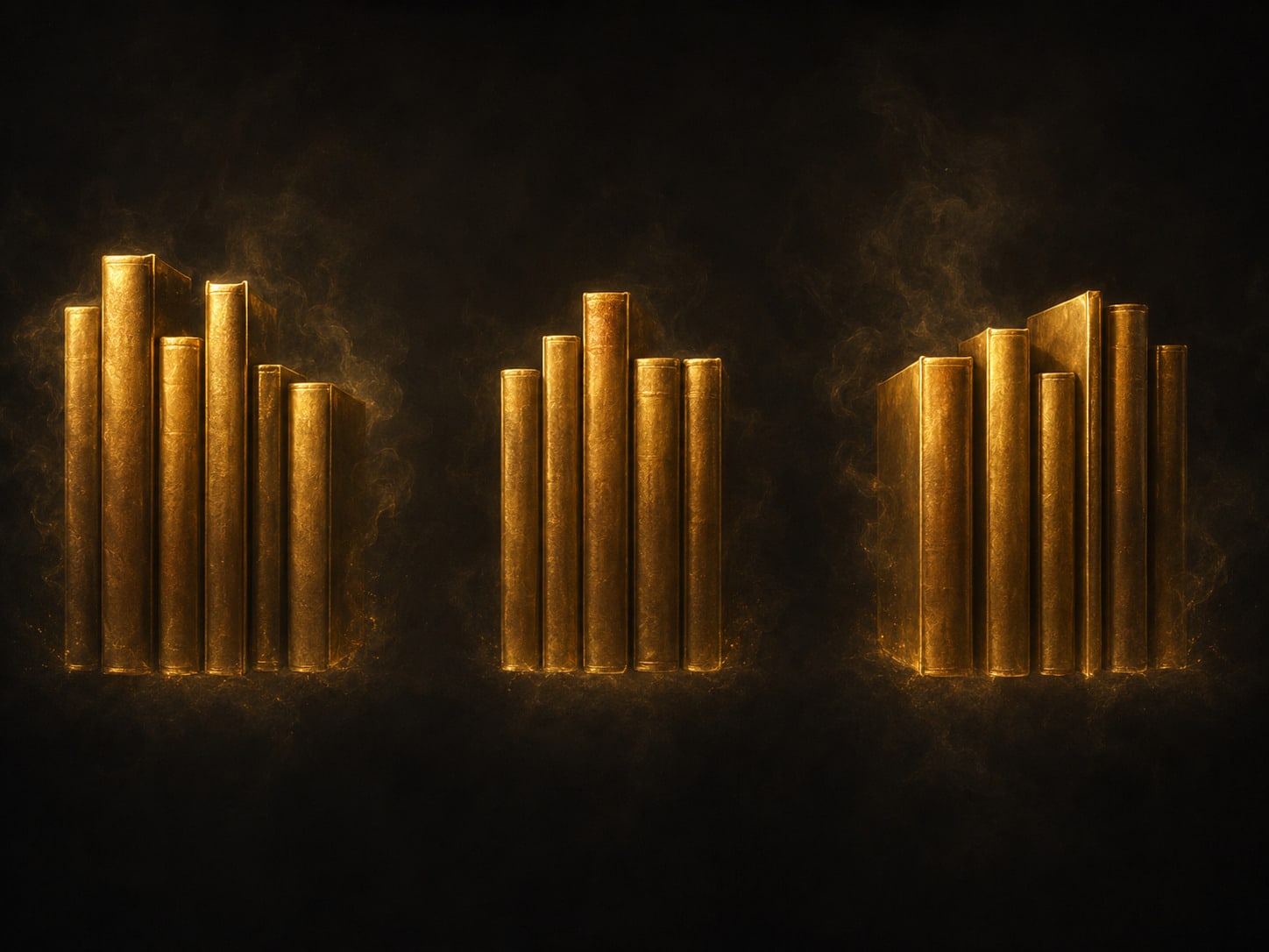 An upright row of blank gold books in darkness, separated by two clear gaps into three groups.