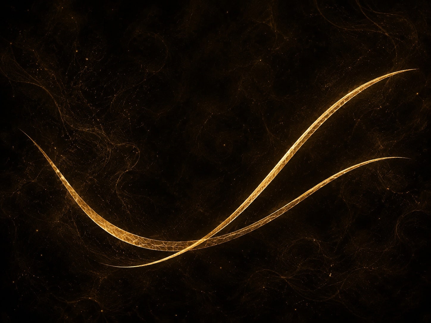 Two curved gold lines cross in a hazy near-black space, with one rising higher near the edge.