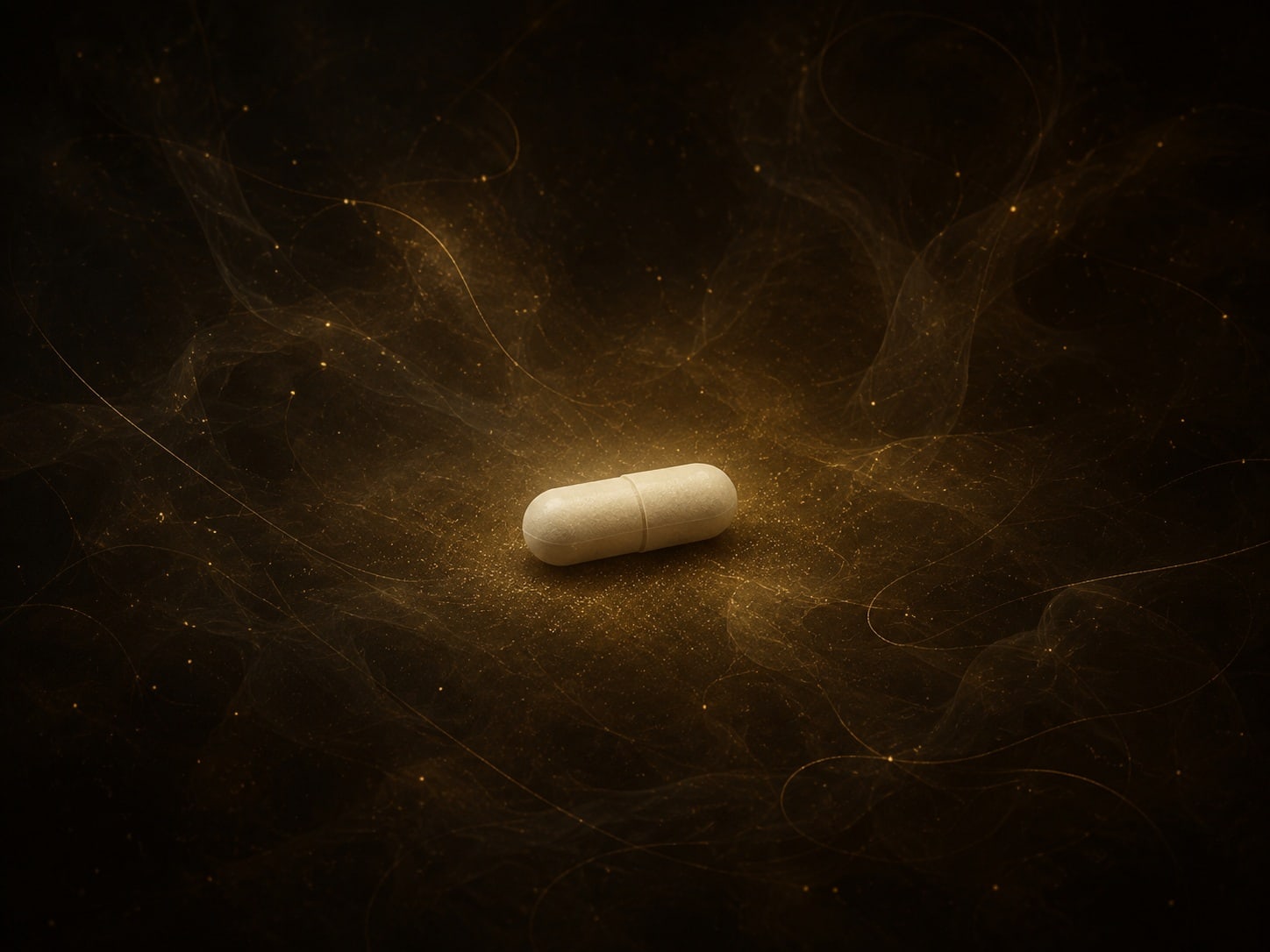 A single pale capsule rests alone in a large dark hazy space with a soft gold glow.
