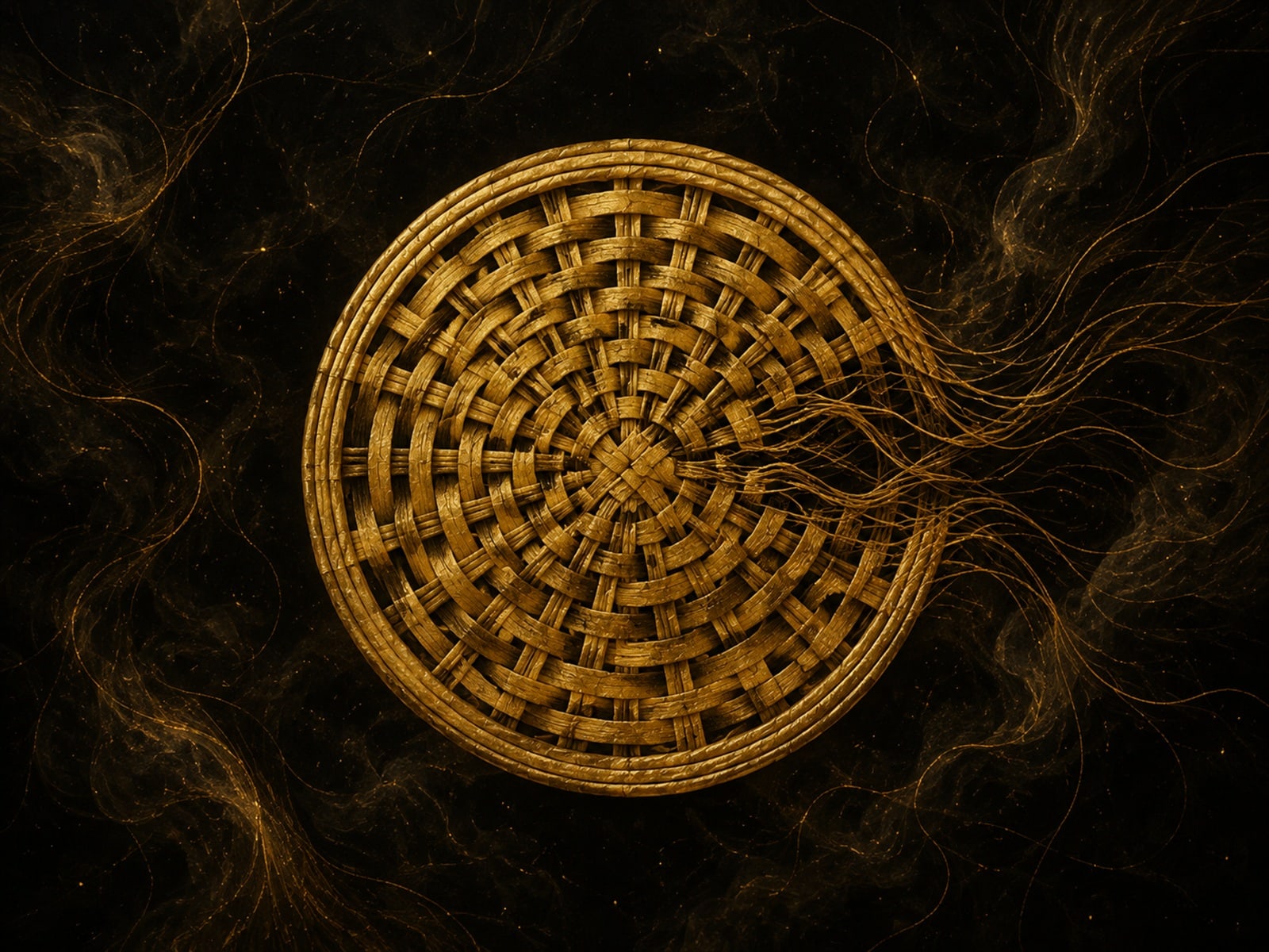 A circular woven gold disc frays into fine strands on one side in a dark hazy space.