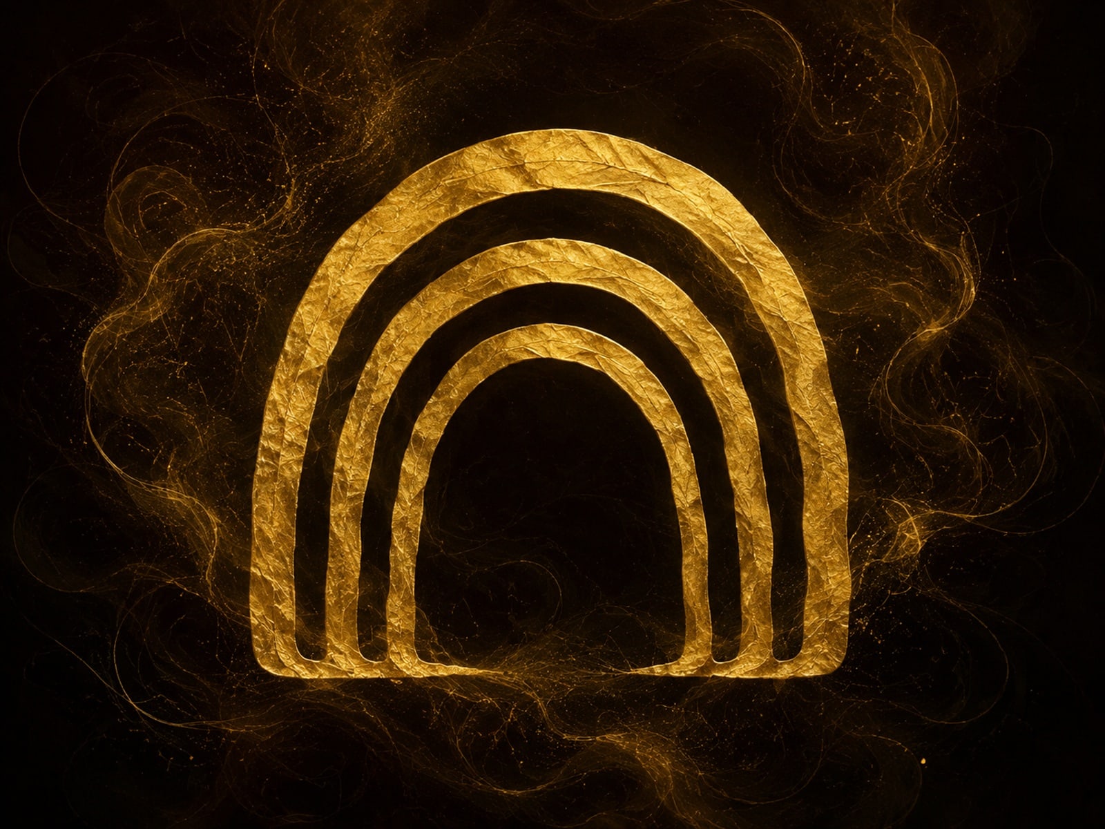 Three nested gold arches surround a dark hollow amid swirling gold haze.