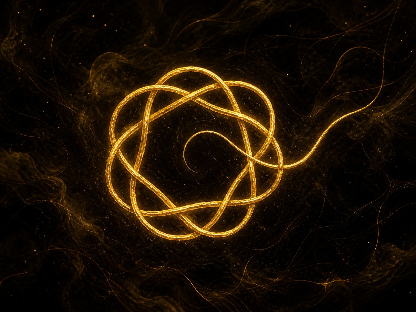A looping golden thread knot sends one fine strand outward in a smoky dark void.