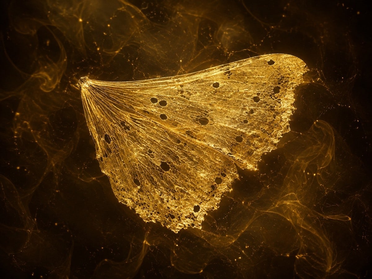 A thin perforated gold veil with fine filaments floats in smoky warm darkness.
