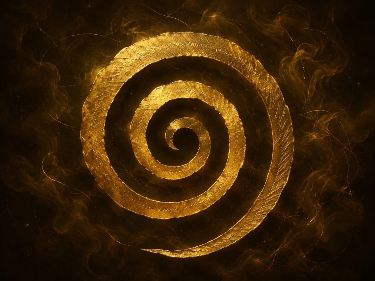 A luminous gold spiral surrounds a dark center in hazy warm darkness.