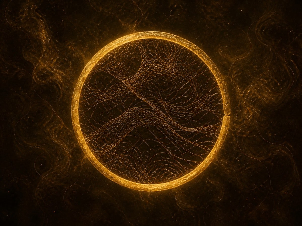 A thin glowing gold ring filled with a mesh of fine threads floats in warm haze.