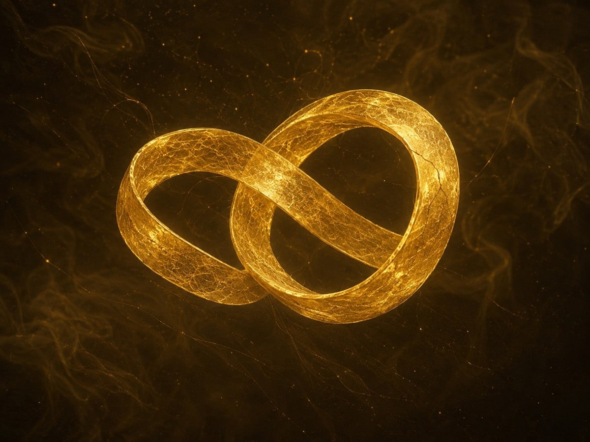 A glowing gold double-loop knot floats in smoky warm darkness.