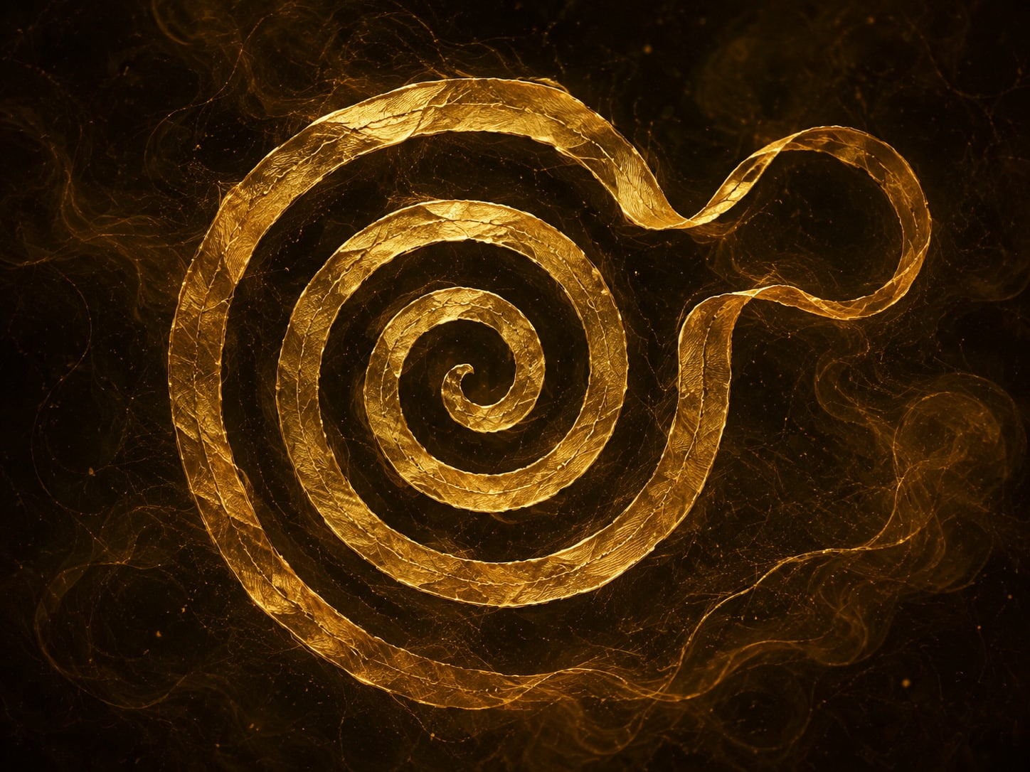 A luminous gold spiral stays even until one part of it veers outward into a wider loop, in dark haze.
