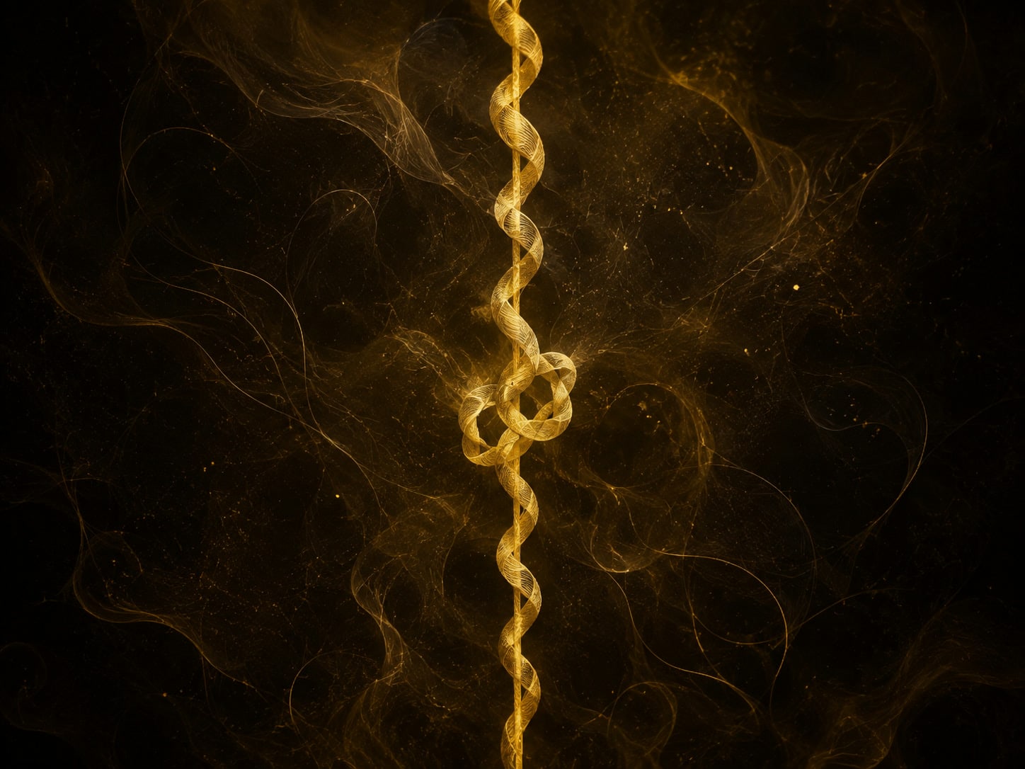 An upright gold helix descends evenly, gathers into one soft knot off to one side, and continues below it.
