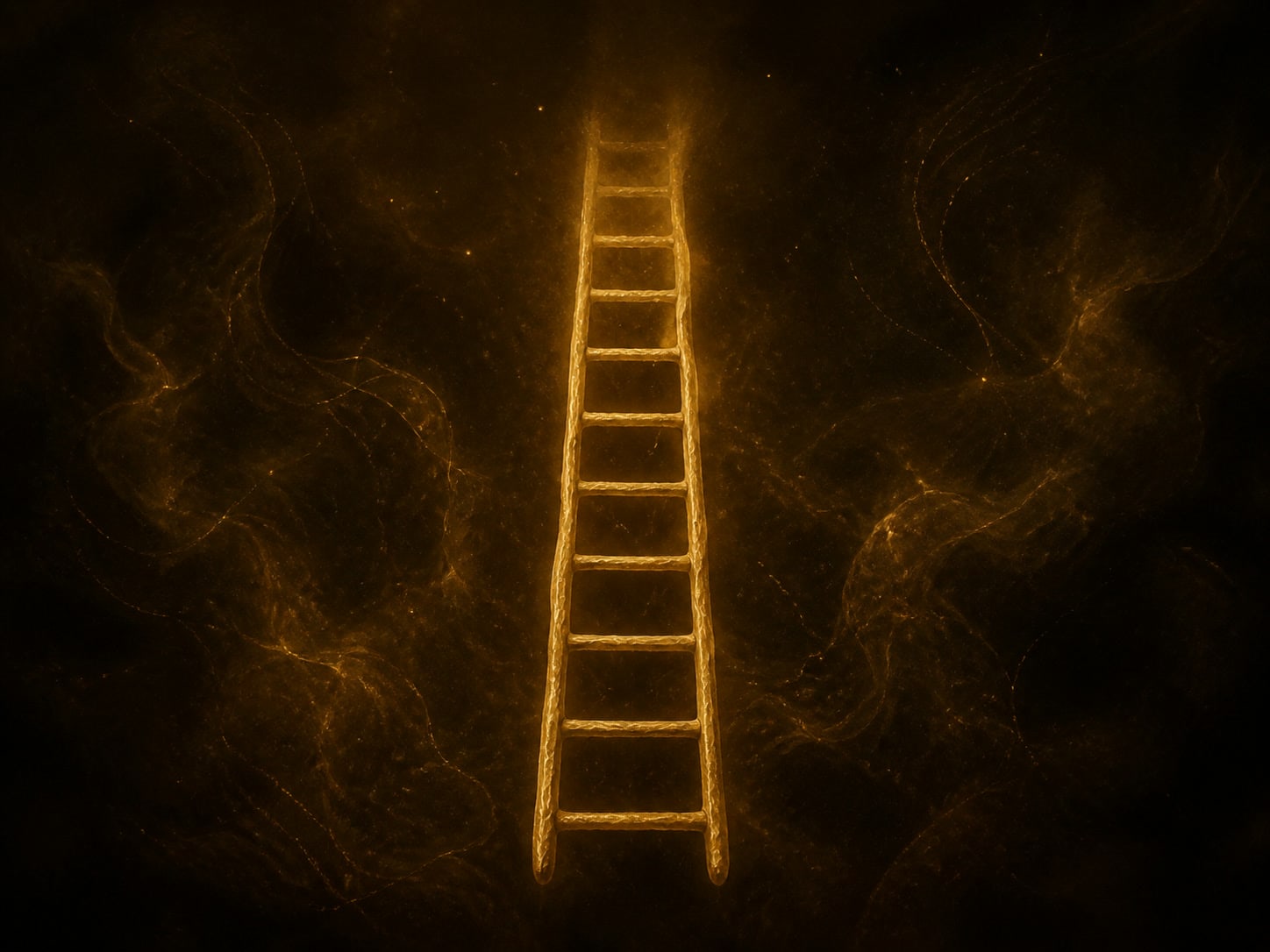 A slender gold ladder rising into darkness, its rungs fading away toward the top.