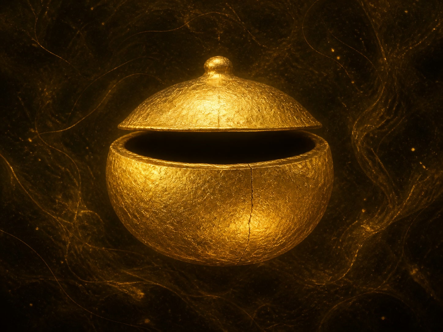 A rounded gold vessel with its domed lid raised slightly, showing a dark gap beneath.