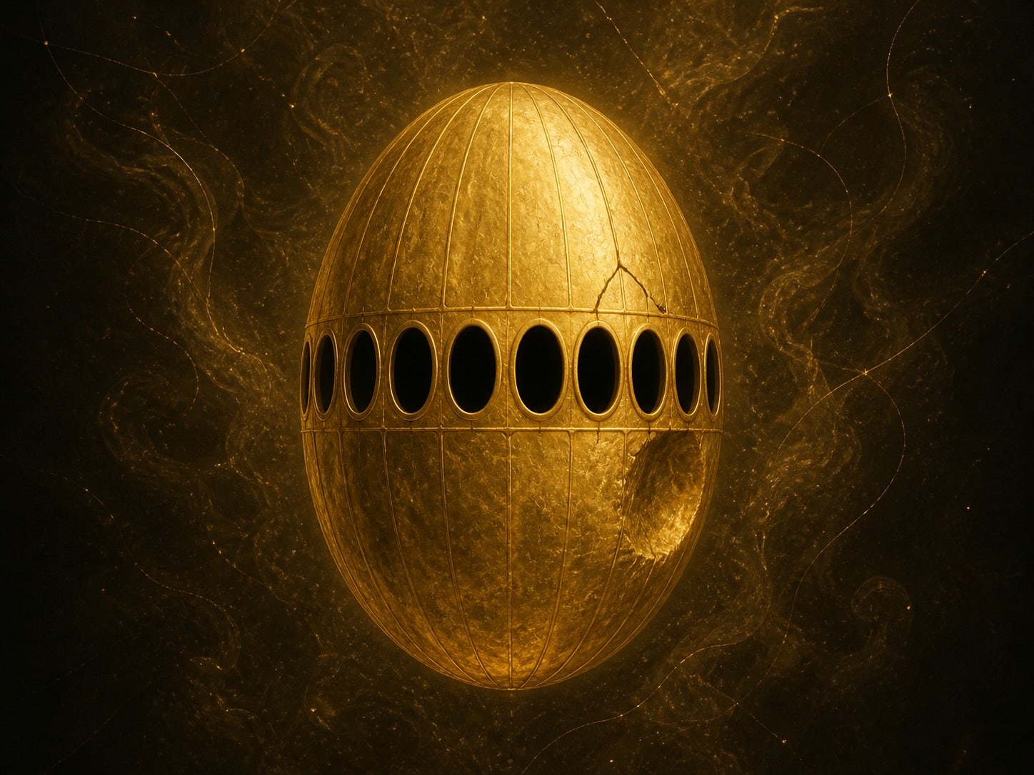 An upright textured gold cabin shell has a row of dark oval openings around its middle.