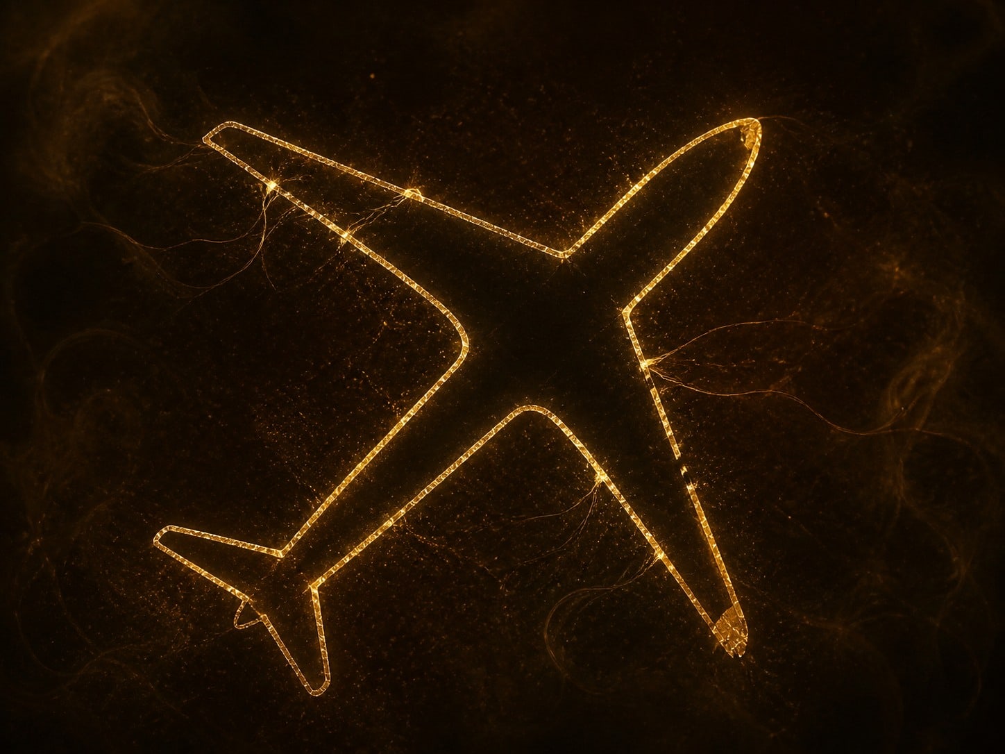 A hollow gold airplane outline with small breaks floats amid dark gold haze.