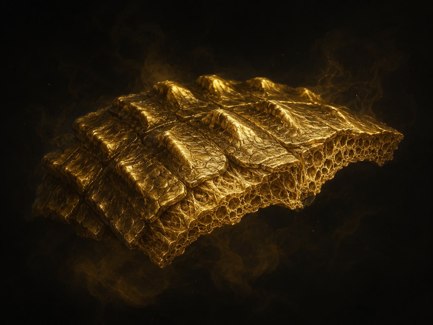 A single fragment of ridged gold crocodilian armour floating in darkness, its bony plates showing dense outer grain and a porous inner structure.