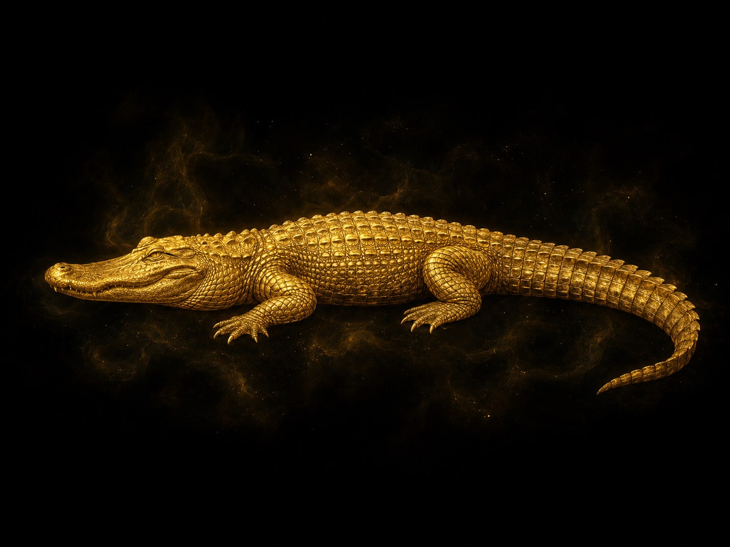A complete gold alligator form at rest lengthwise in darkness, fully visible from snout to tail with its mouth closed.