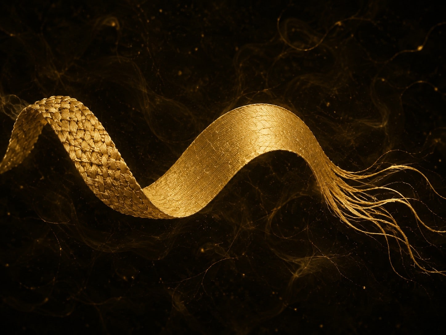 A single suspended gold ribbon shifting along its length from tightly woven to smooth to lightly unraveling, in warm near-black haze with drifting filaments.
