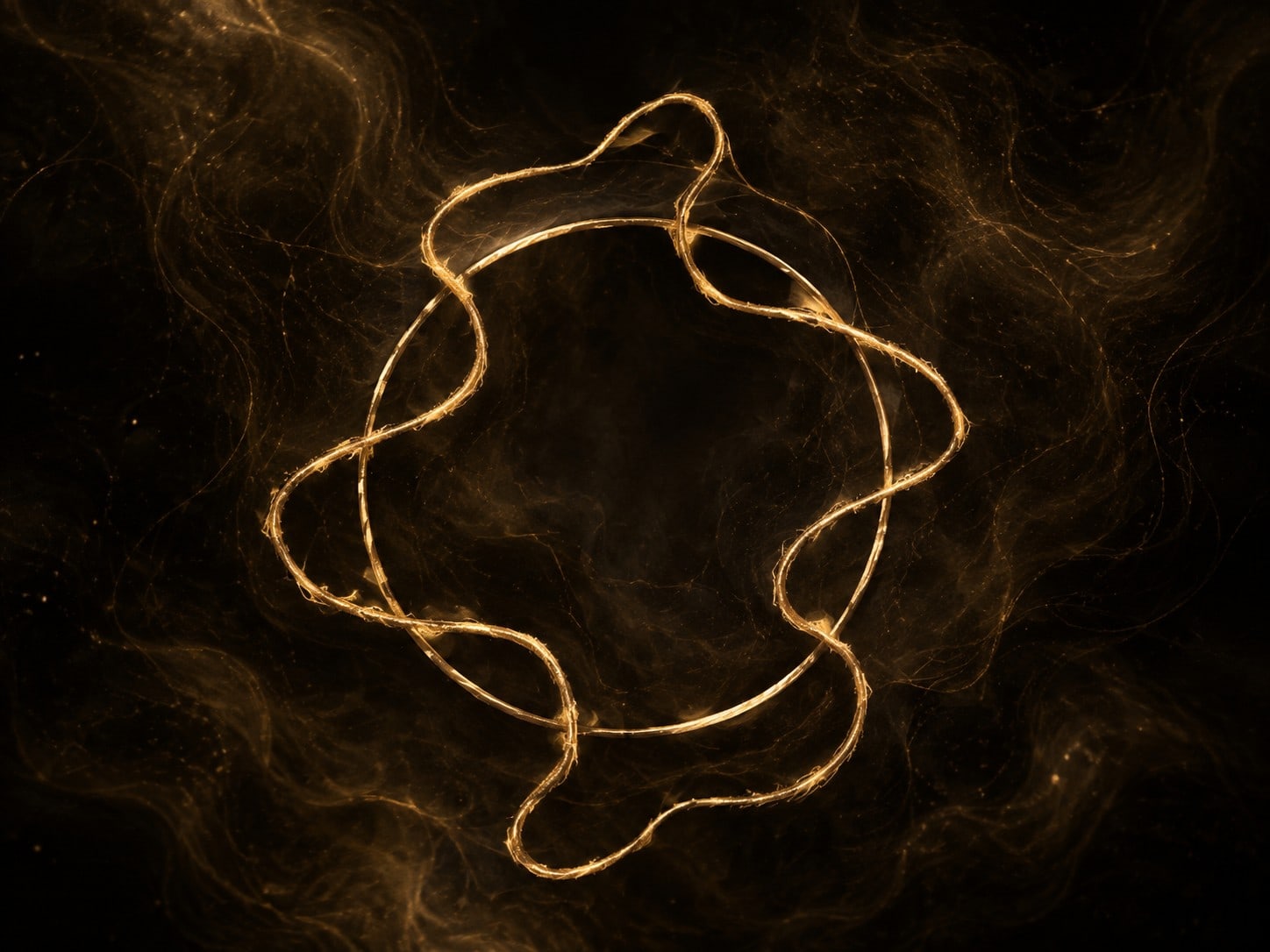 One frayed gold thread slipping from and returning to an oval track, floating in a warm near-black void with curling haze and dust motes.