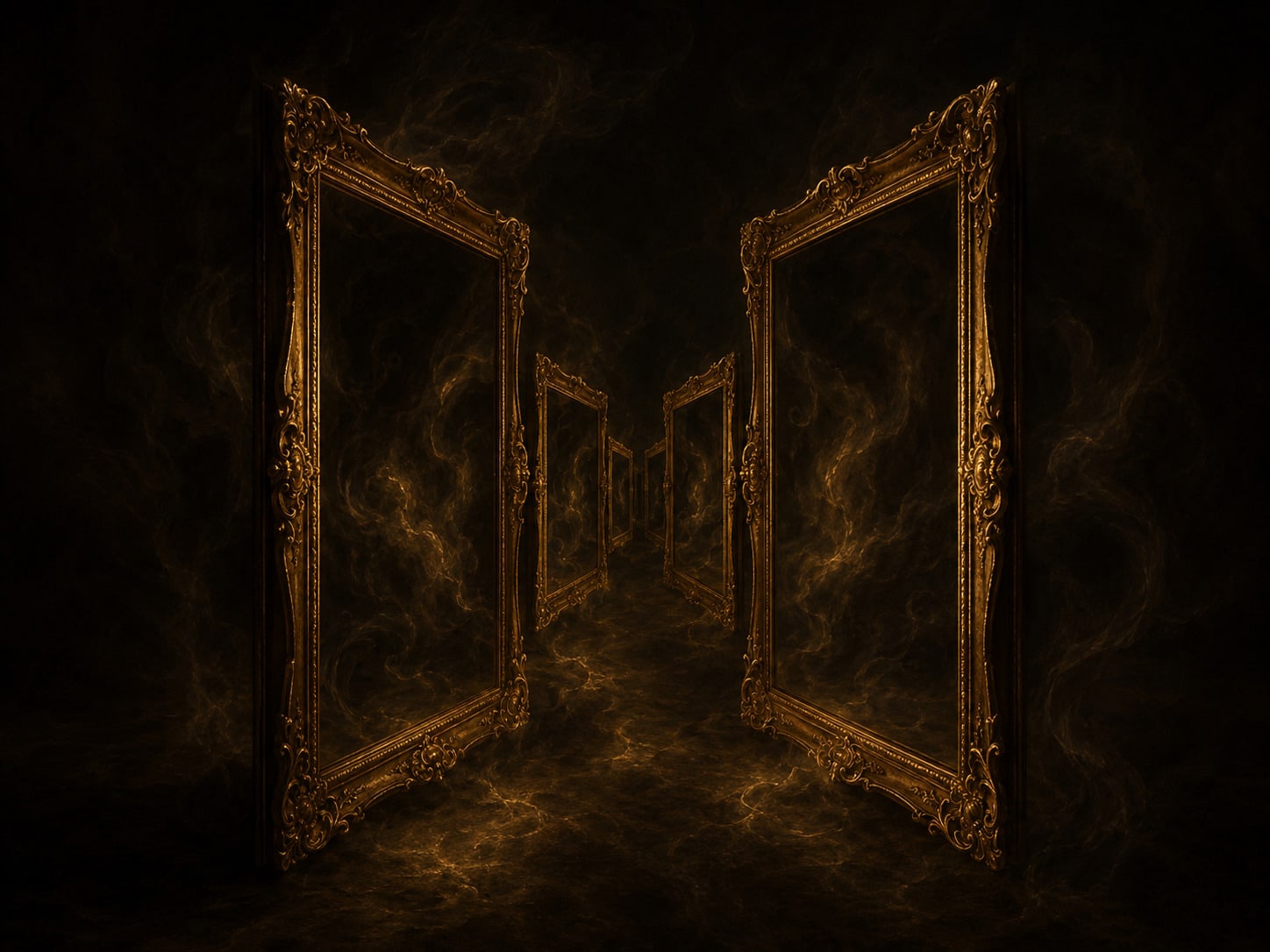 Two facing gold frames with a repeating, shrinking reflection.