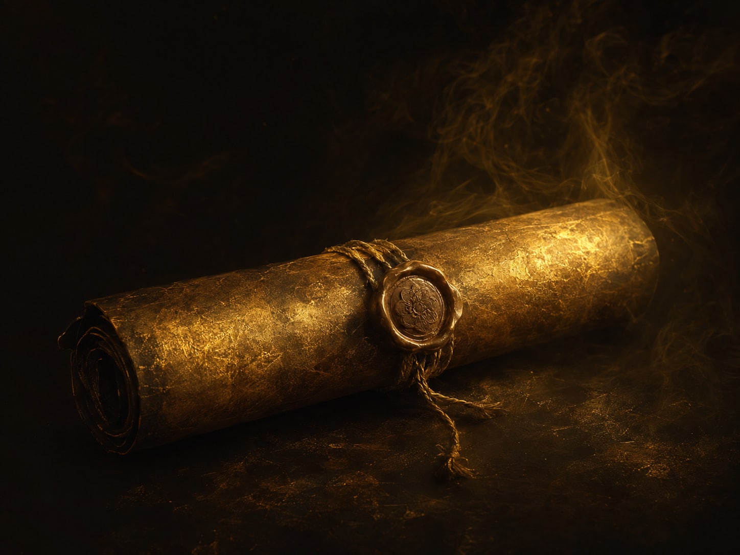 A gold scroll bound and sealed with cord and wax.