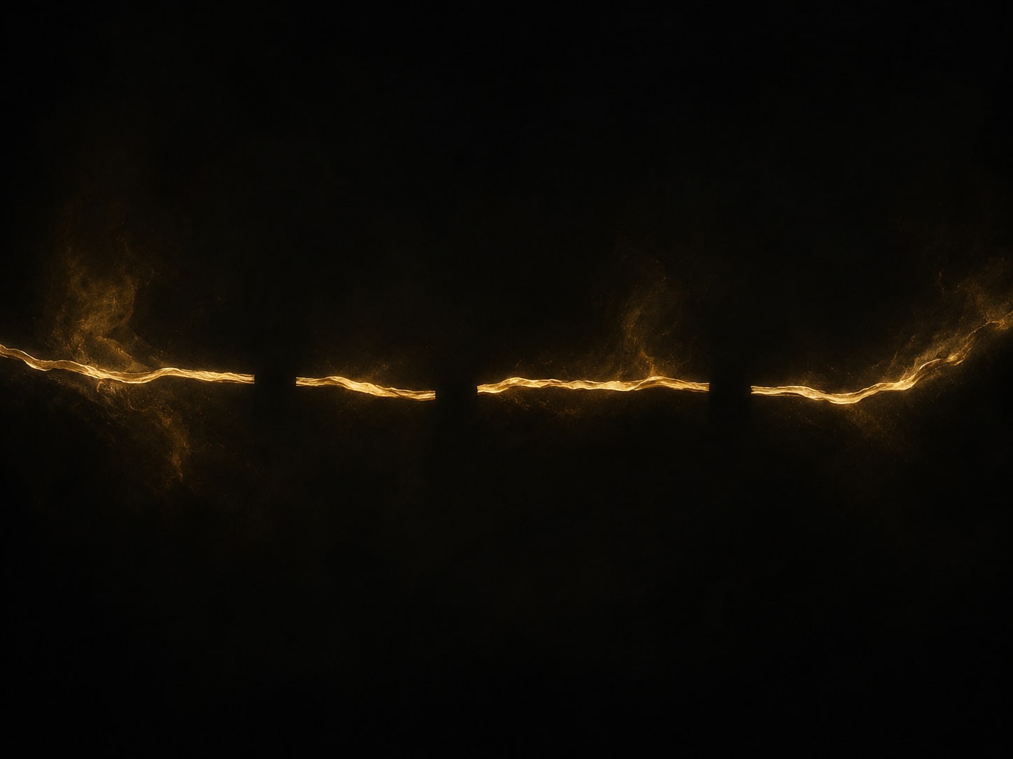 A gold band crossing darkness, divided into separate segments with gaps of black between them.