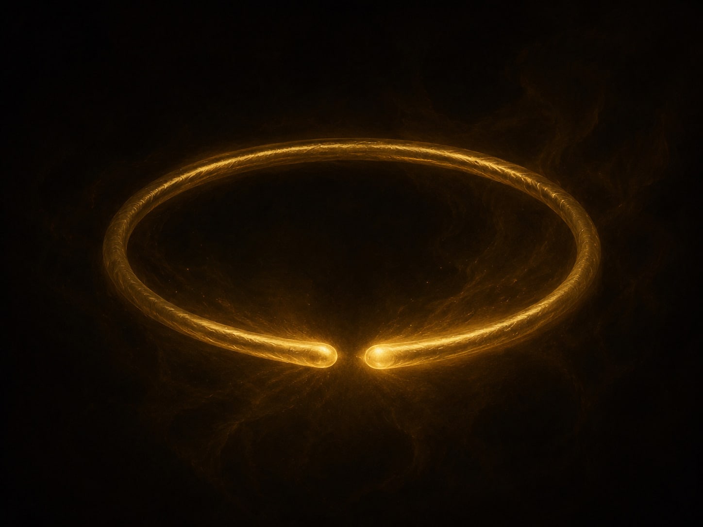 A gold loop suspended in darkness with one clear opening where the two ends draw apart.