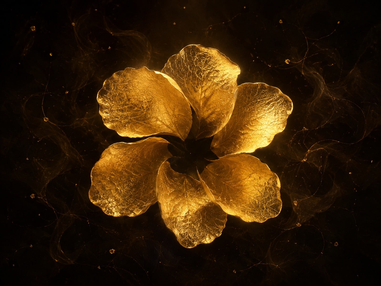 Six veined gold petals form an open blossom shape in a dark smoky haze.
