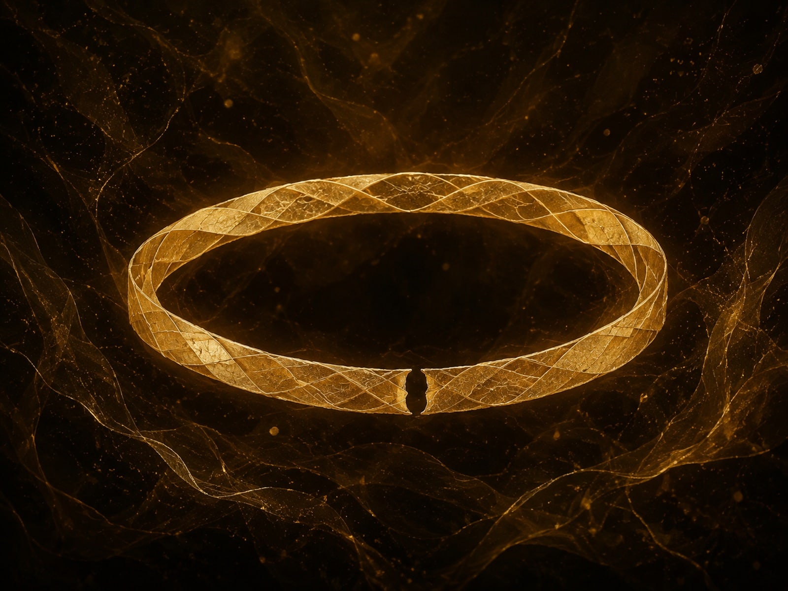 A braided oval gold vessel has a small gap along its lower edge in a dark hazy void.