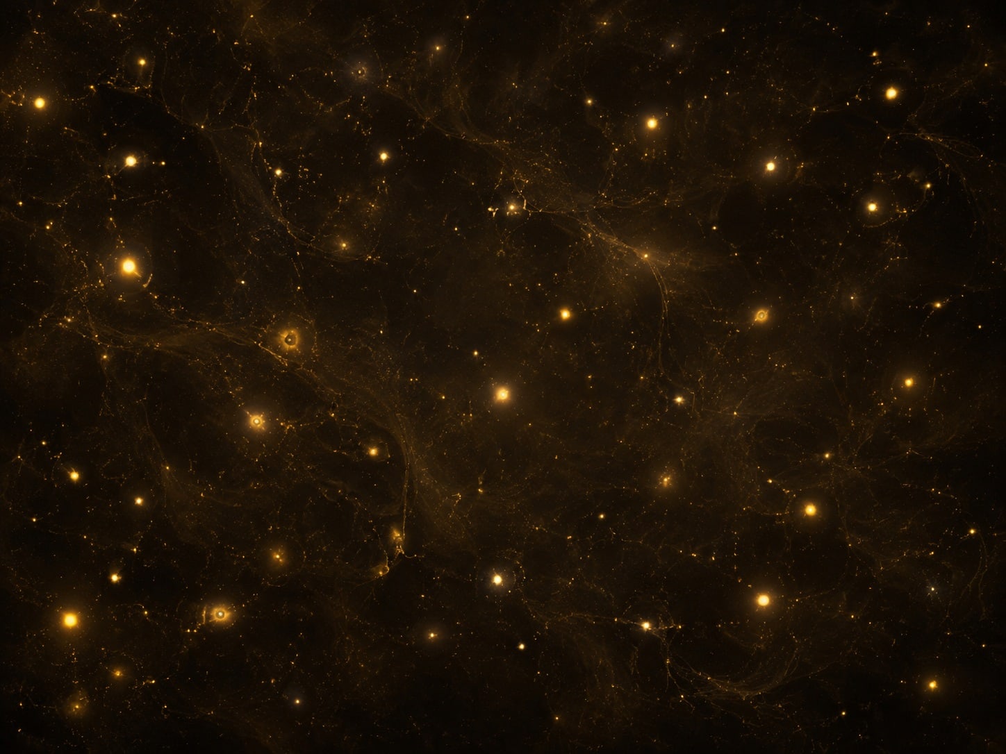 Small pale gold lights, some brighter than others, scatter across a hazy near-black field.