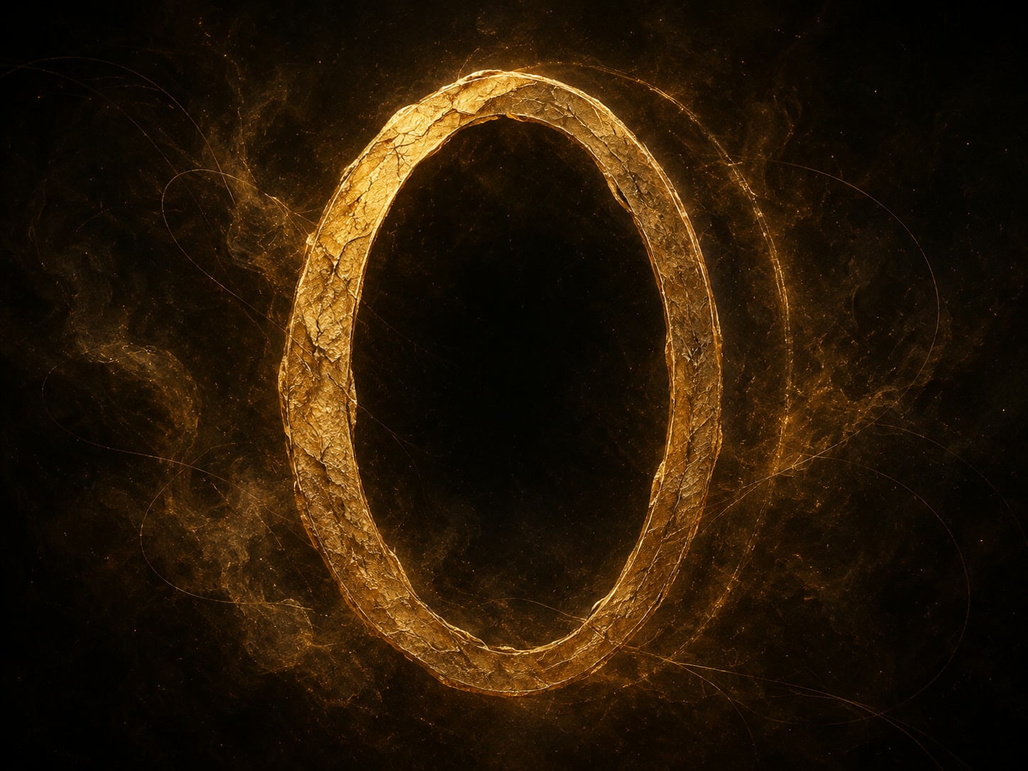 An irregular hollow gold frame with a faint echoing edge floats in a dark golden haze.