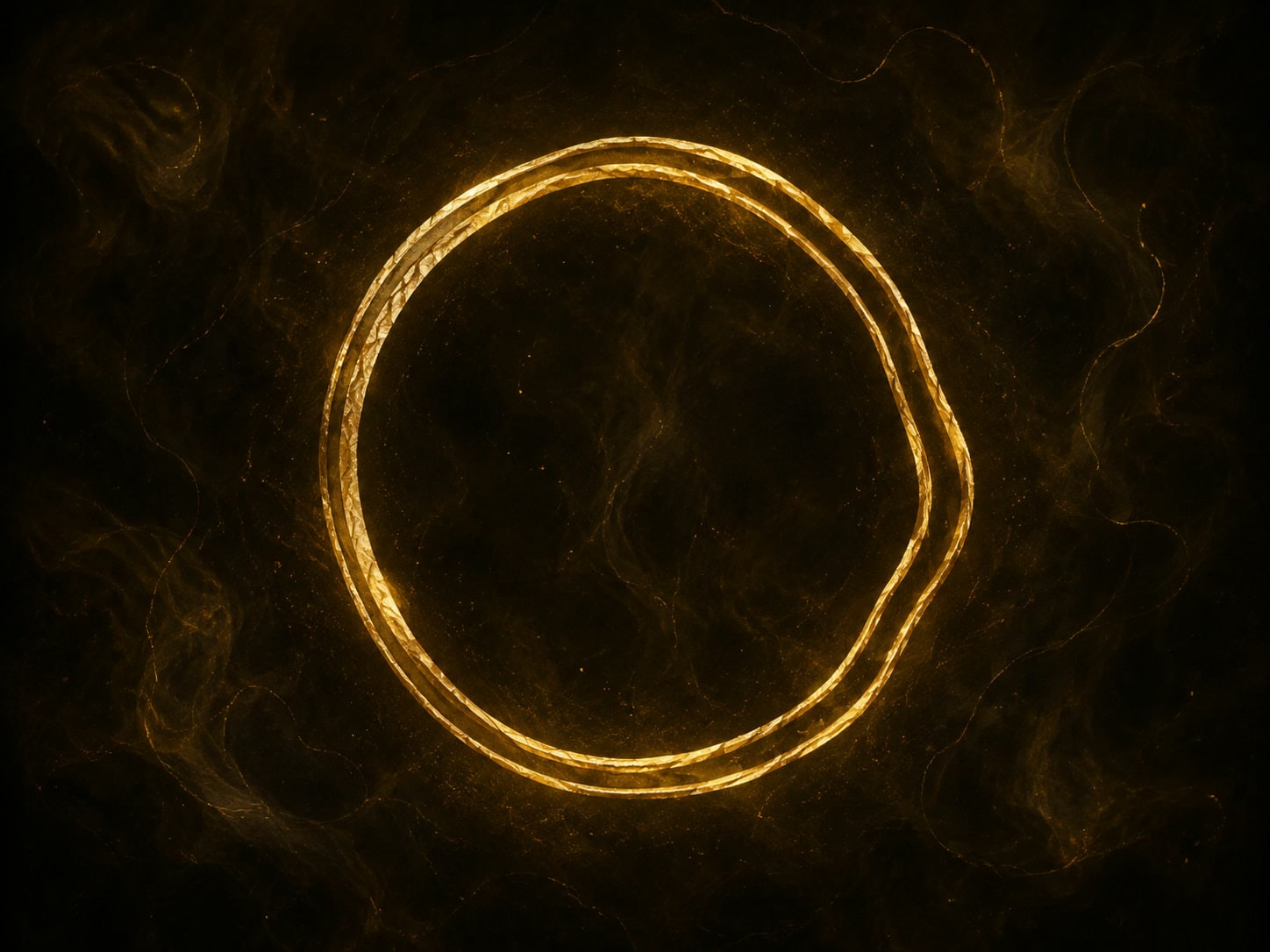 A delicate gold loop with two subtly offset outlines floats amid gold haze in darkness.
