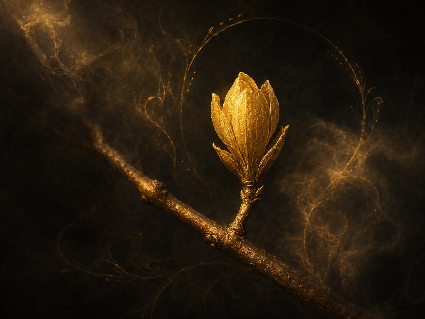 A young gold branch with a single new bud opening.