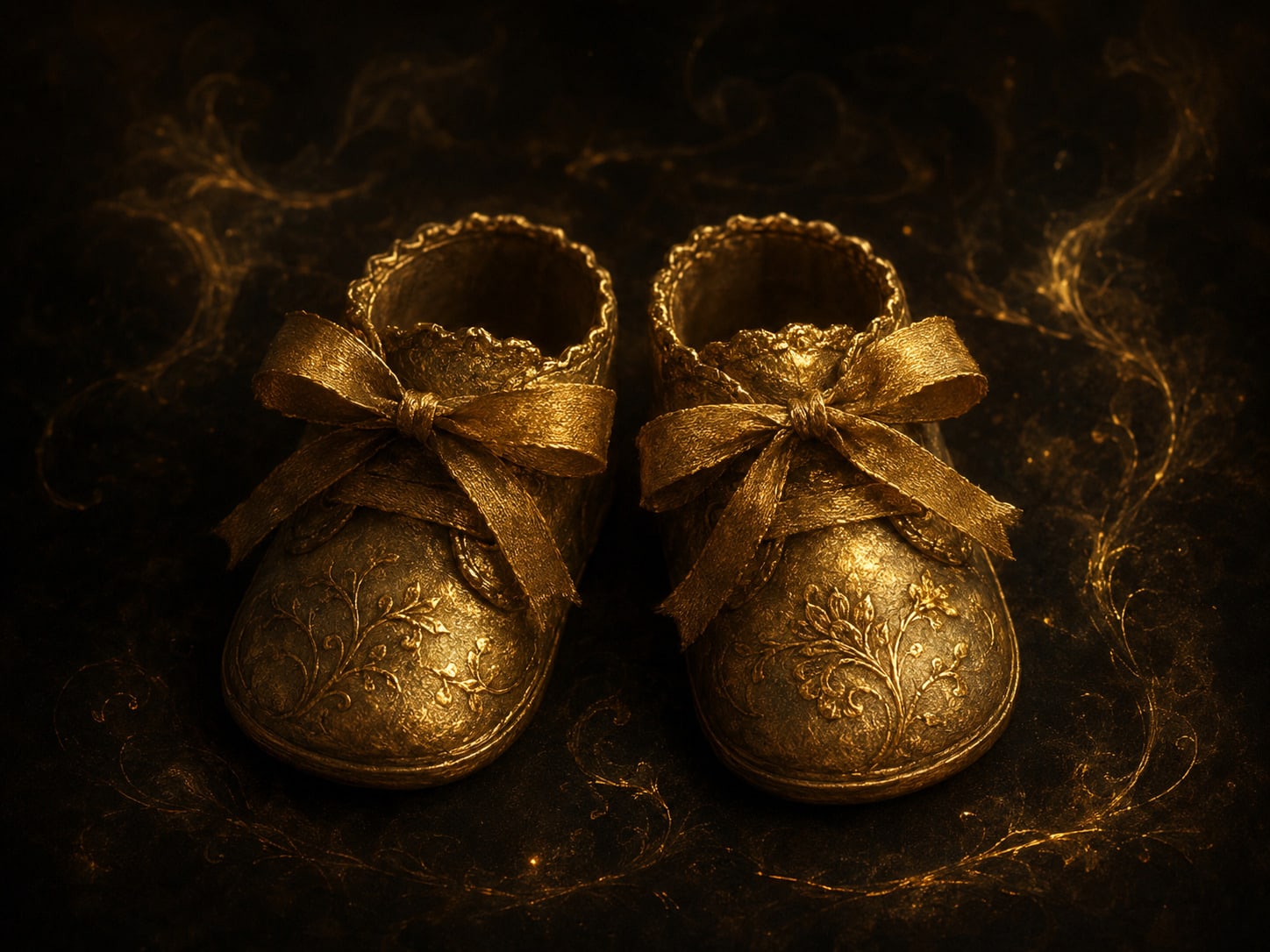 A pair of tiny gold baby booties side by side in warm light.
