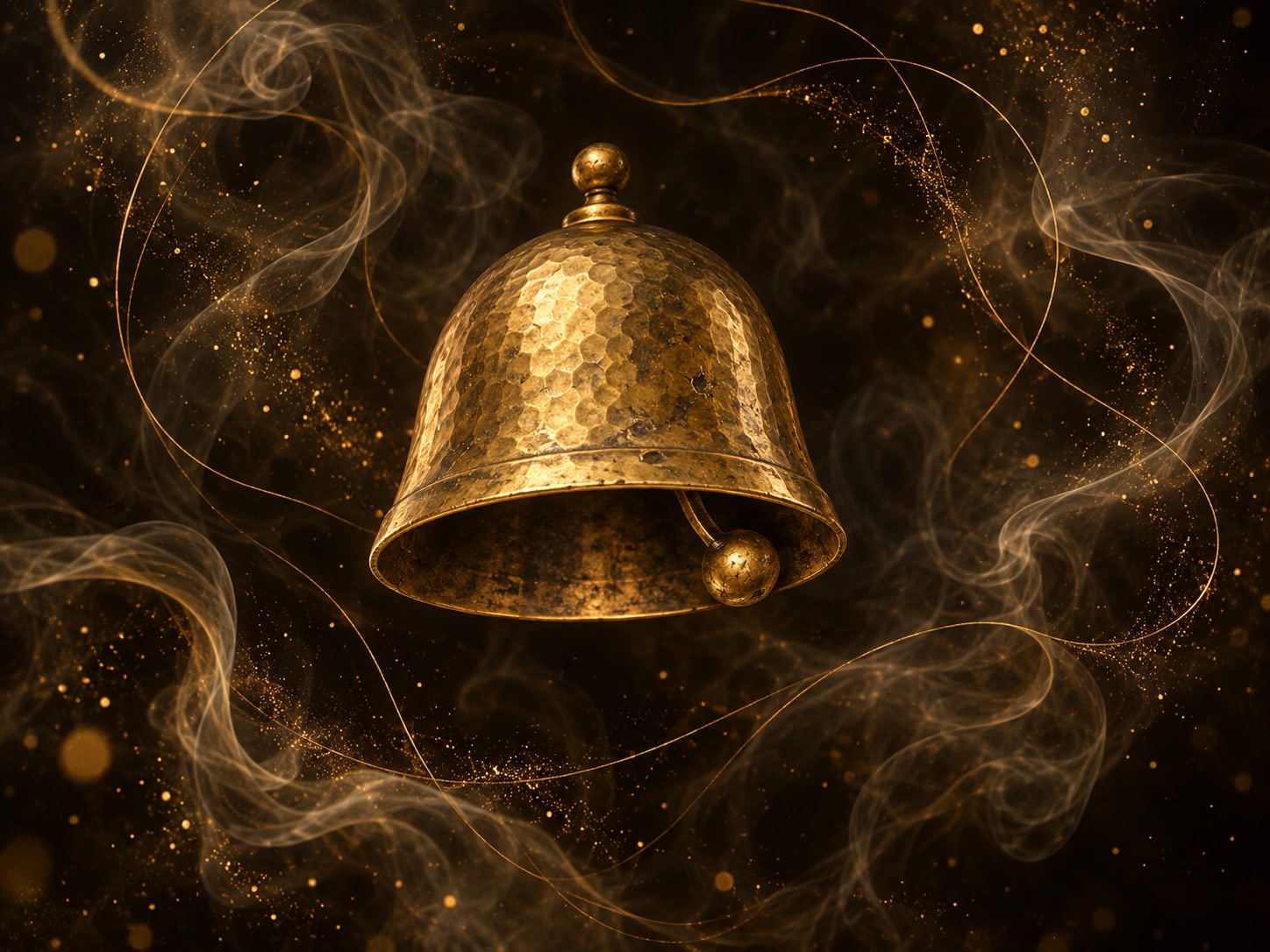 A small dome-shaped gold school bell floating free in dark haze, its striker resting still against the rim.