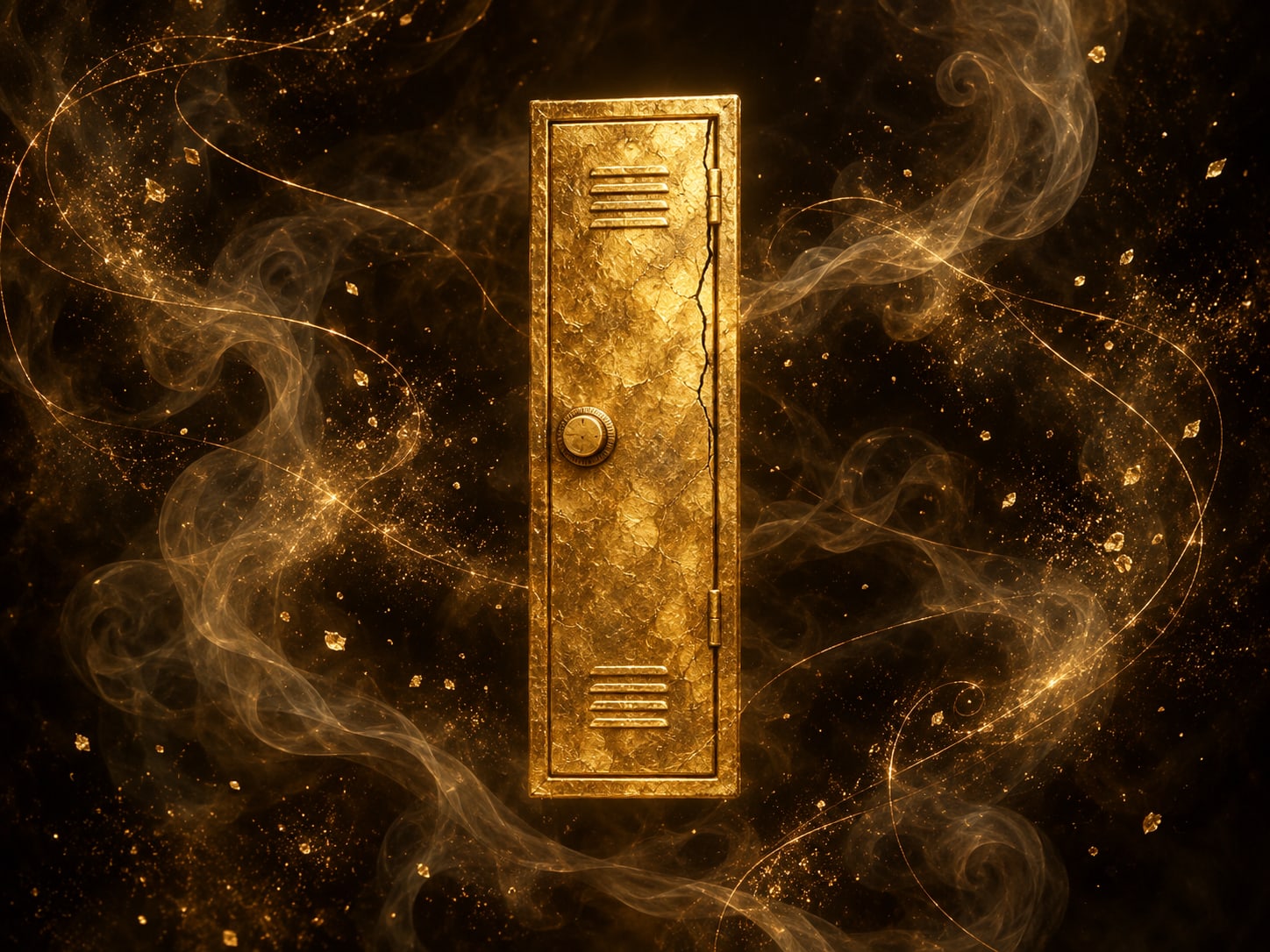 A single closed gold locker door floating in dark haze, its combination dial blank with no numbers and a thin crack down one edge.