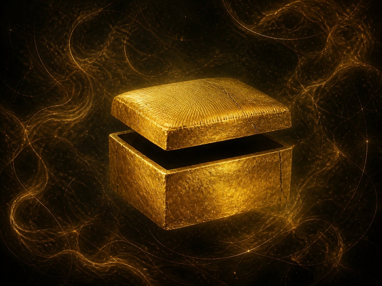 A gold box with its lid lifted and floating just above it, the interior in shadow.
