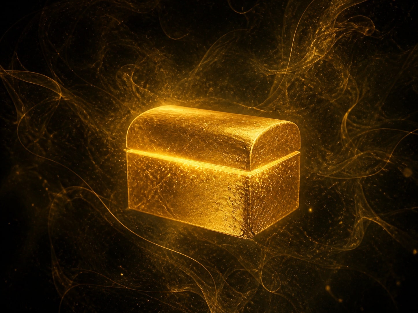 A closed gold chest with a rounded lid, lit from within against dark haze.