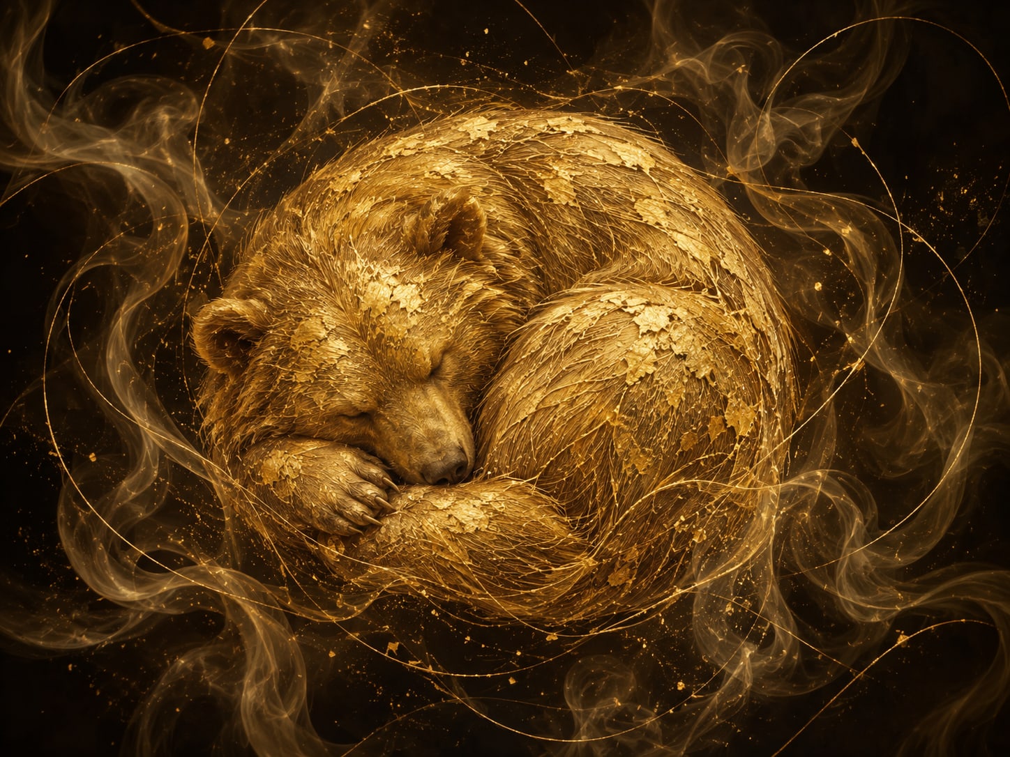 A curled sleeping gold bear floats in a dark hazy void with fine gold dust.