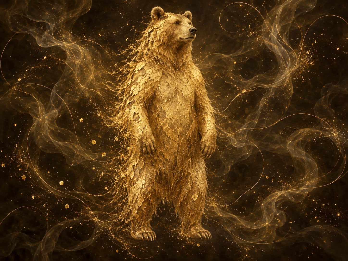 An upright gold bear with relaxed paws floats in a dark hazy void.