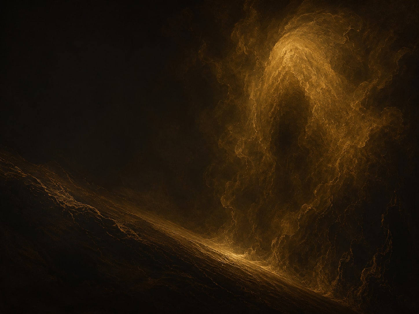 A looming, formless gold shadow-mass at the edge of the light.