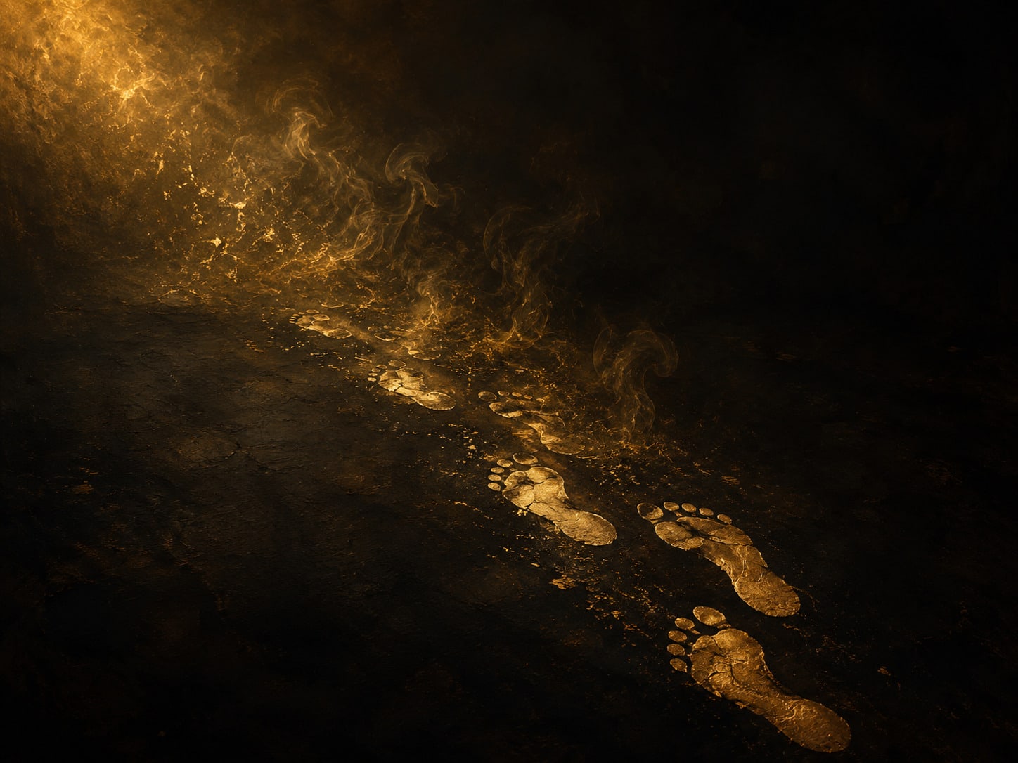 A line of gold footprints crossing a dark field and dissolving into smoke.