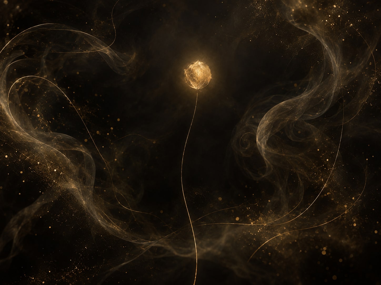 A small diffuse gold glow and one fine gold line appear in dark smoky haze.