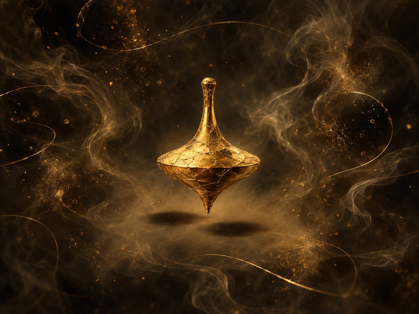 A gold spinning top floats above two soft shadows in smoky dark haze.