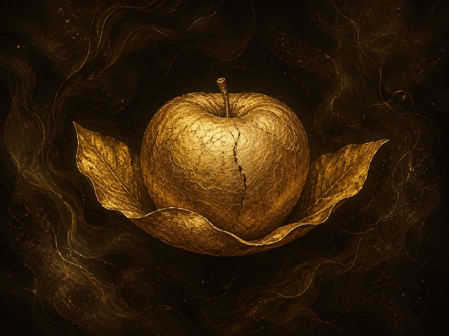 A luminous gold apple-shaped fruit rests in a leaf-like cradle in a warm dark haze.